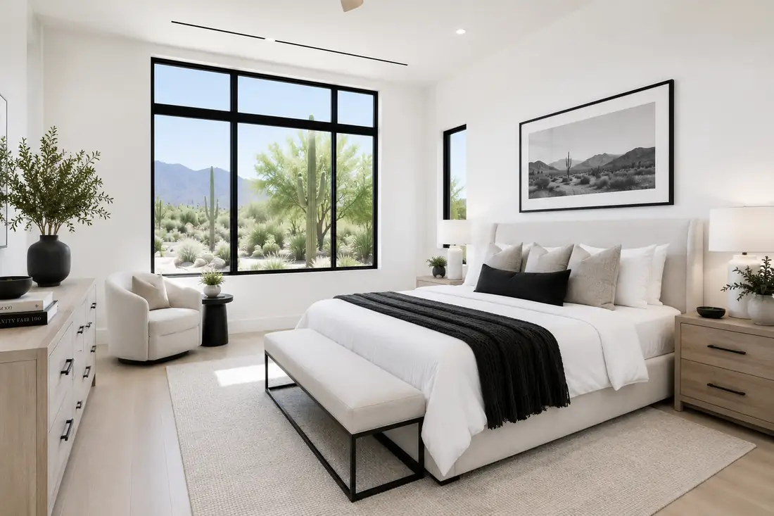 Bright modern bedroom with a desert view