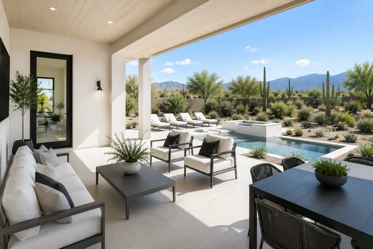 Covered patio and pool with a desert landscape